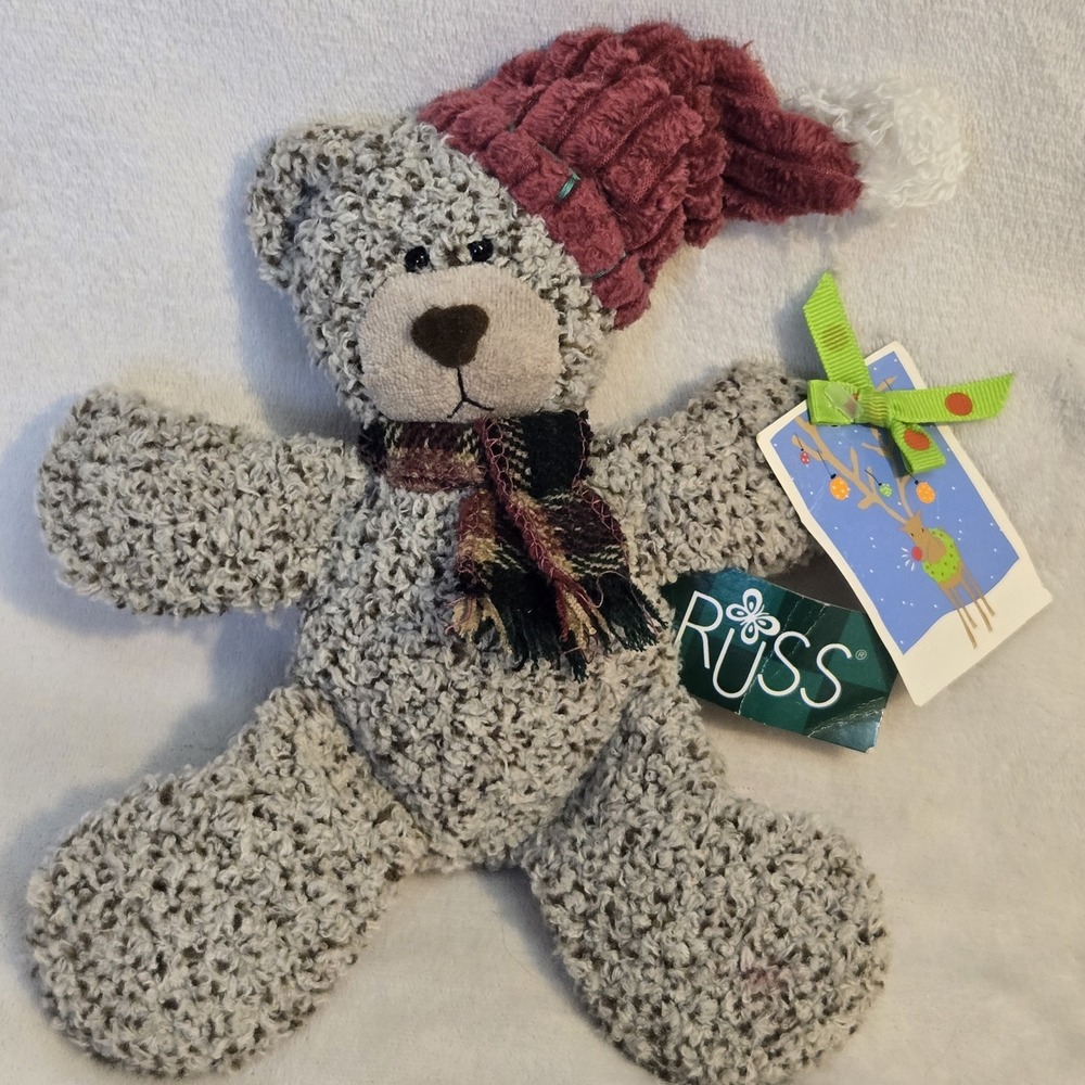 Russ Berrie Cordy Christmas Sampler Teddy Bear Plush Santa Hat Scarf Tags